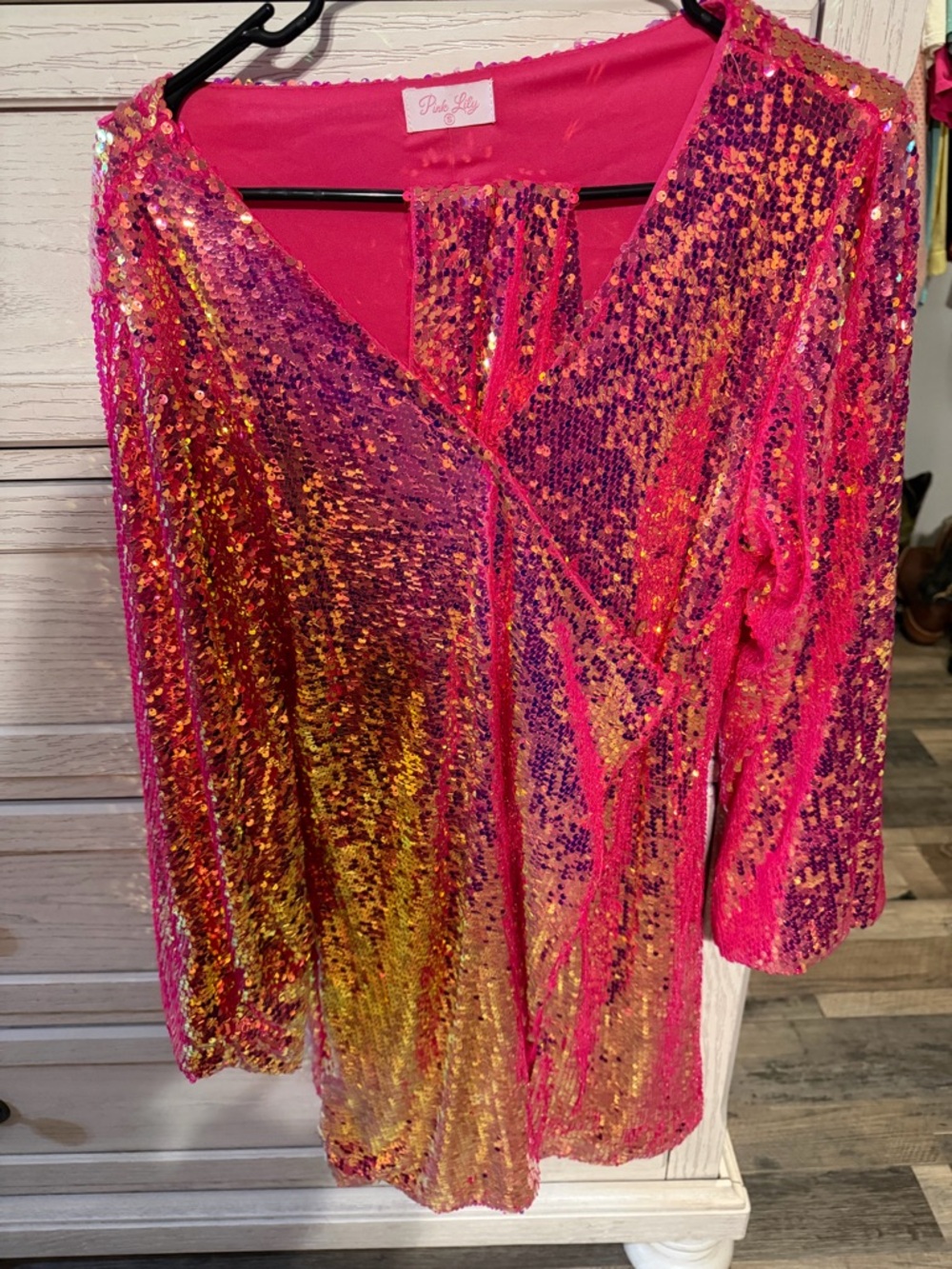 Pink Lily Hot Pink & Gold Sequin V-Neck Top